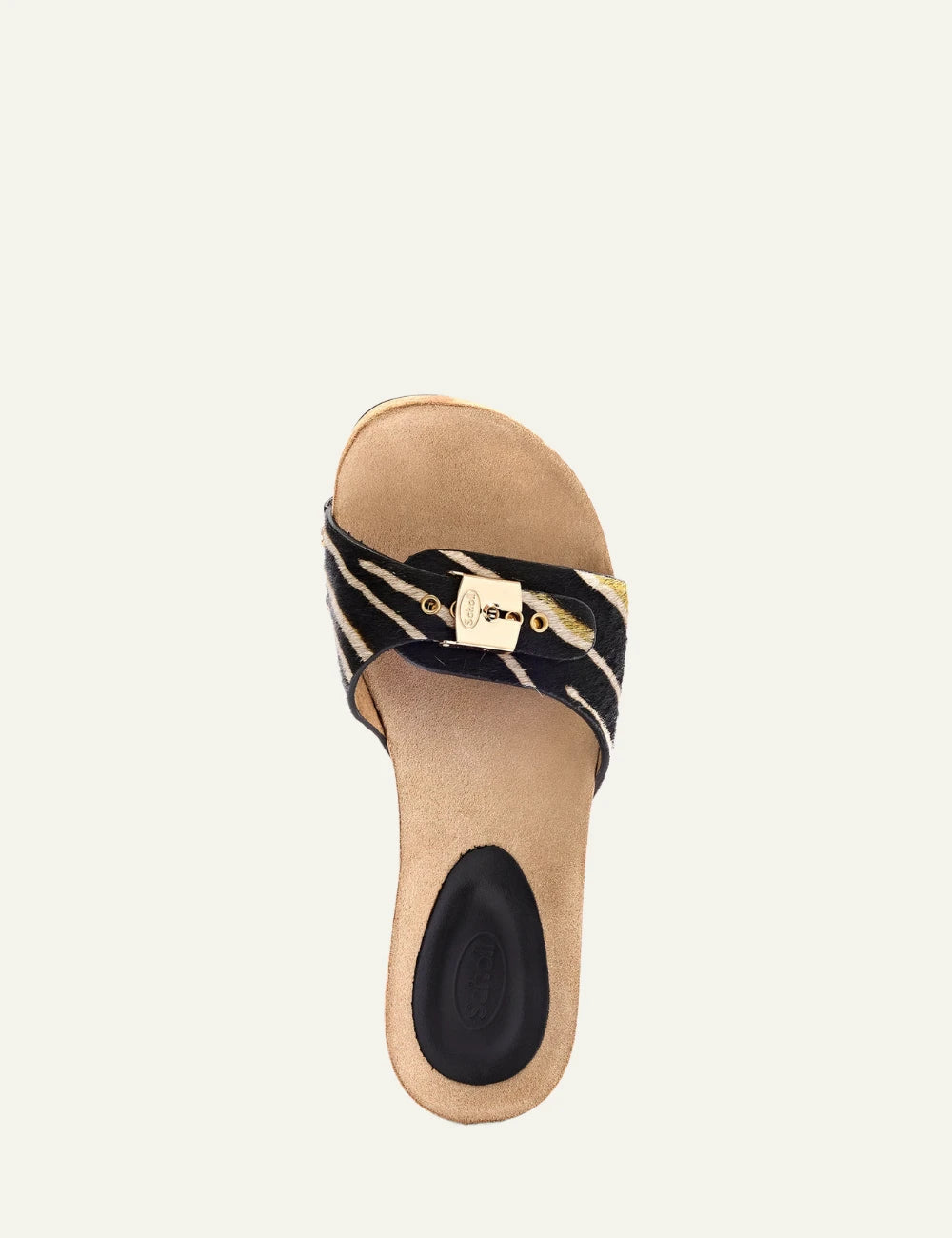 Scholl Luna pony hair heeled sandal brown lime top view