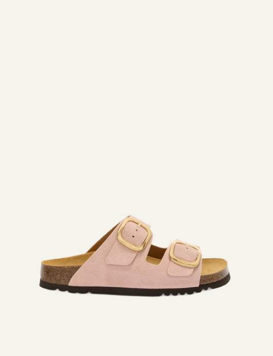 Scholl Noelle suede double strap sandals pink side view
