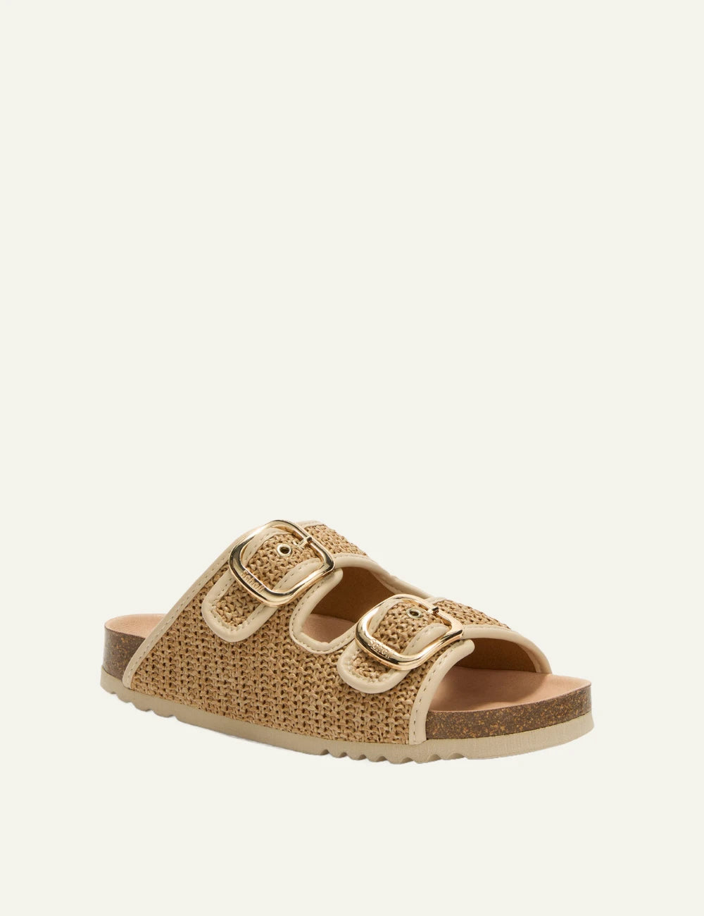 Scholl Noelle raffia double strap sandals beige angled view
