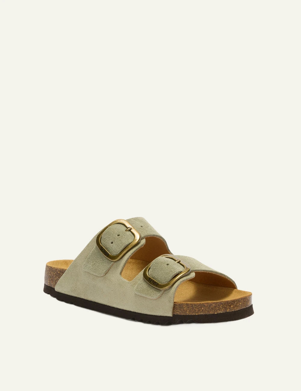 Scholl Noelle suede double strap sandals sage green angled view
