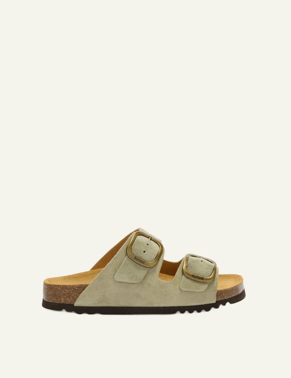 Scholl Noelle suede double strap sandals sage green side view