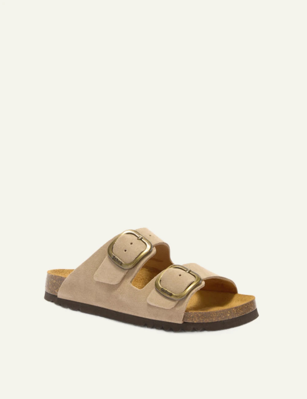 Scholl Noelle suede double strap sandals dark beige angled view