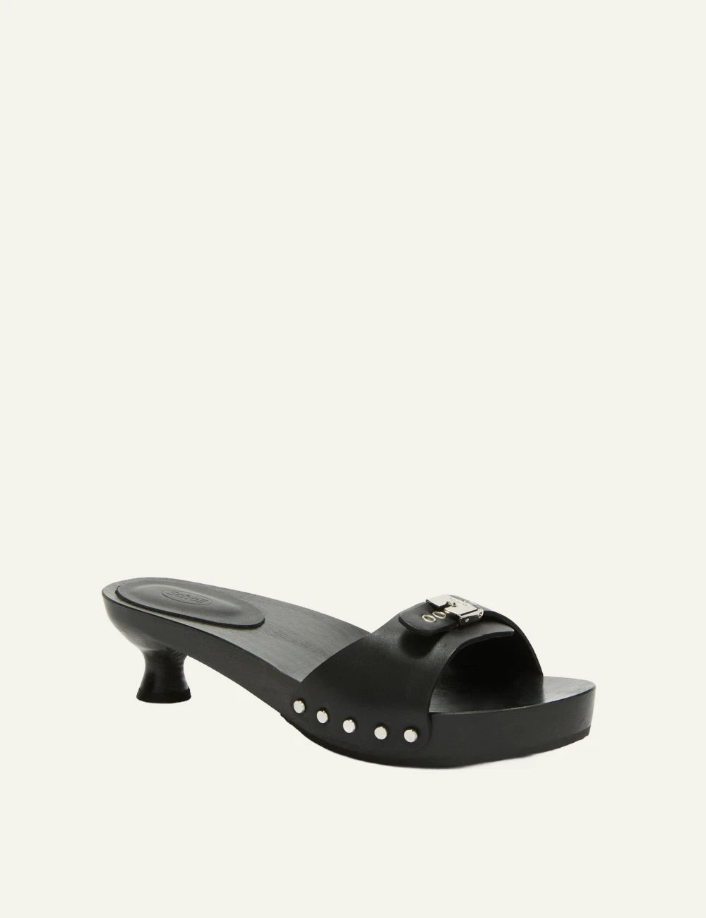 Scholl Pescura Claire black leather mule  angled view
