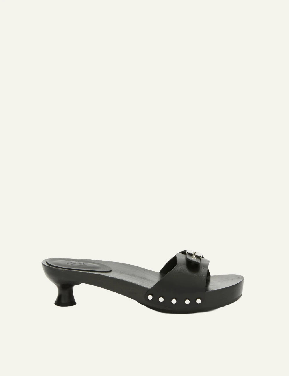 Scholl Pescura Claire black leather mule side view