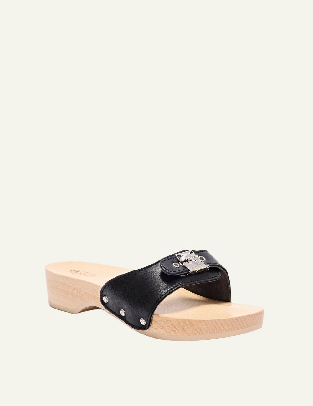 Scholl Pescura Heel black mule angled view