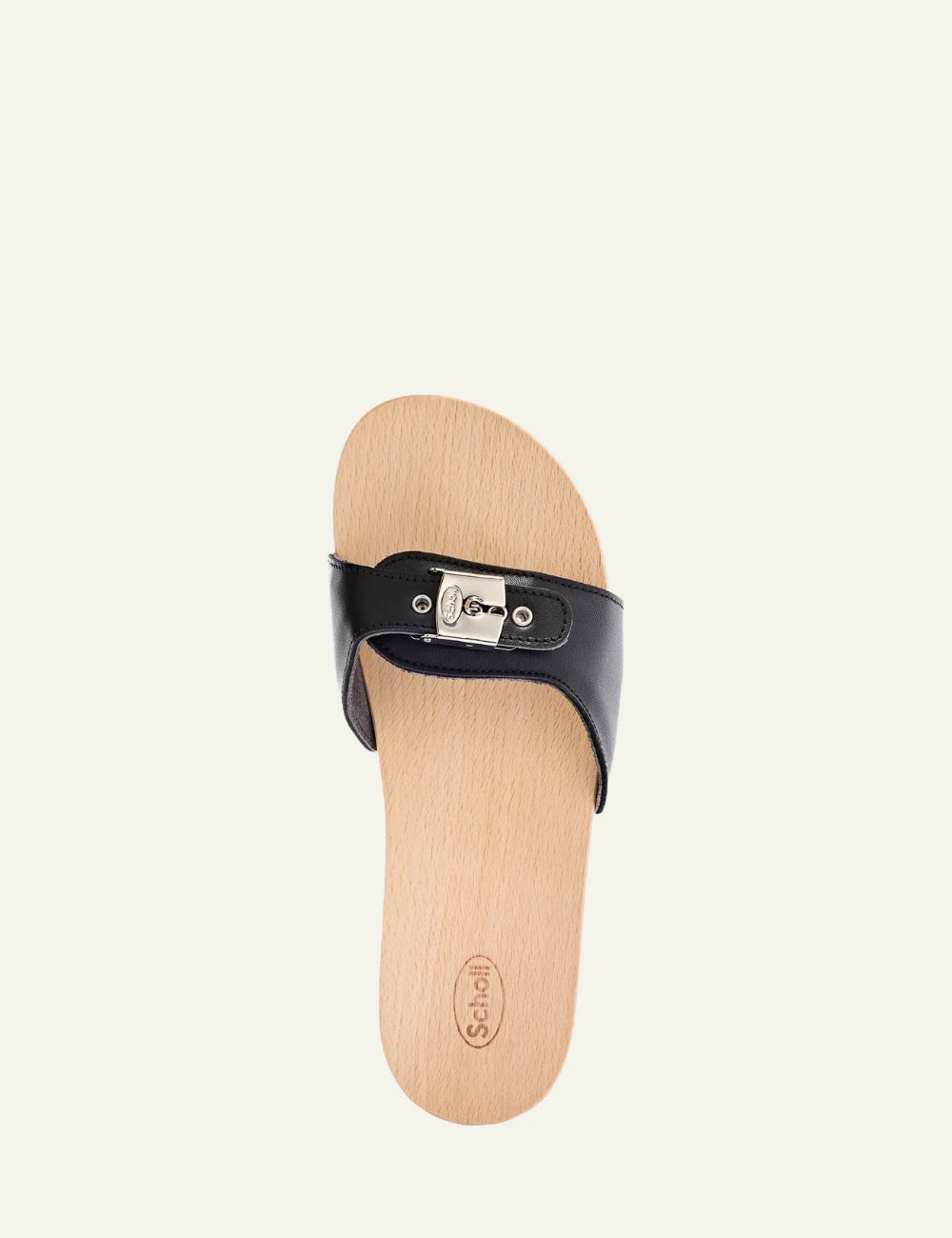 Scholl Pescura Heel black mule top view
