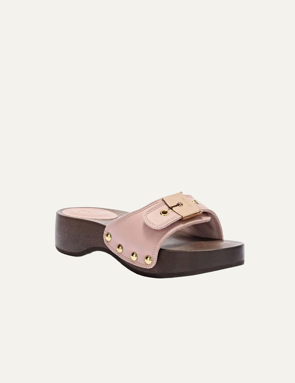 Scholl Pescura Heel SR antique pink wooden sandal angled view