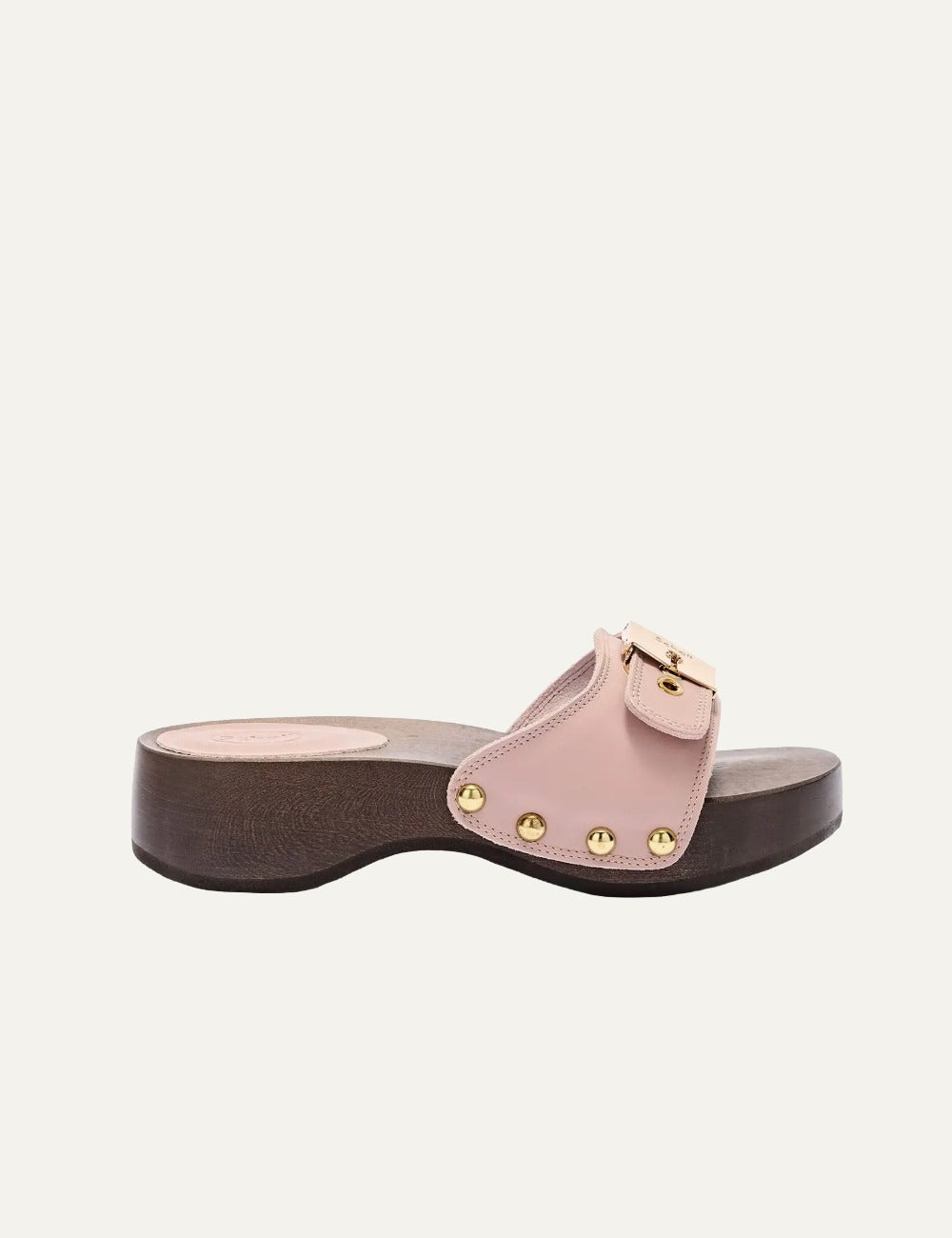 Scholl Pescura Heel SR antique pink wooden sandal side view