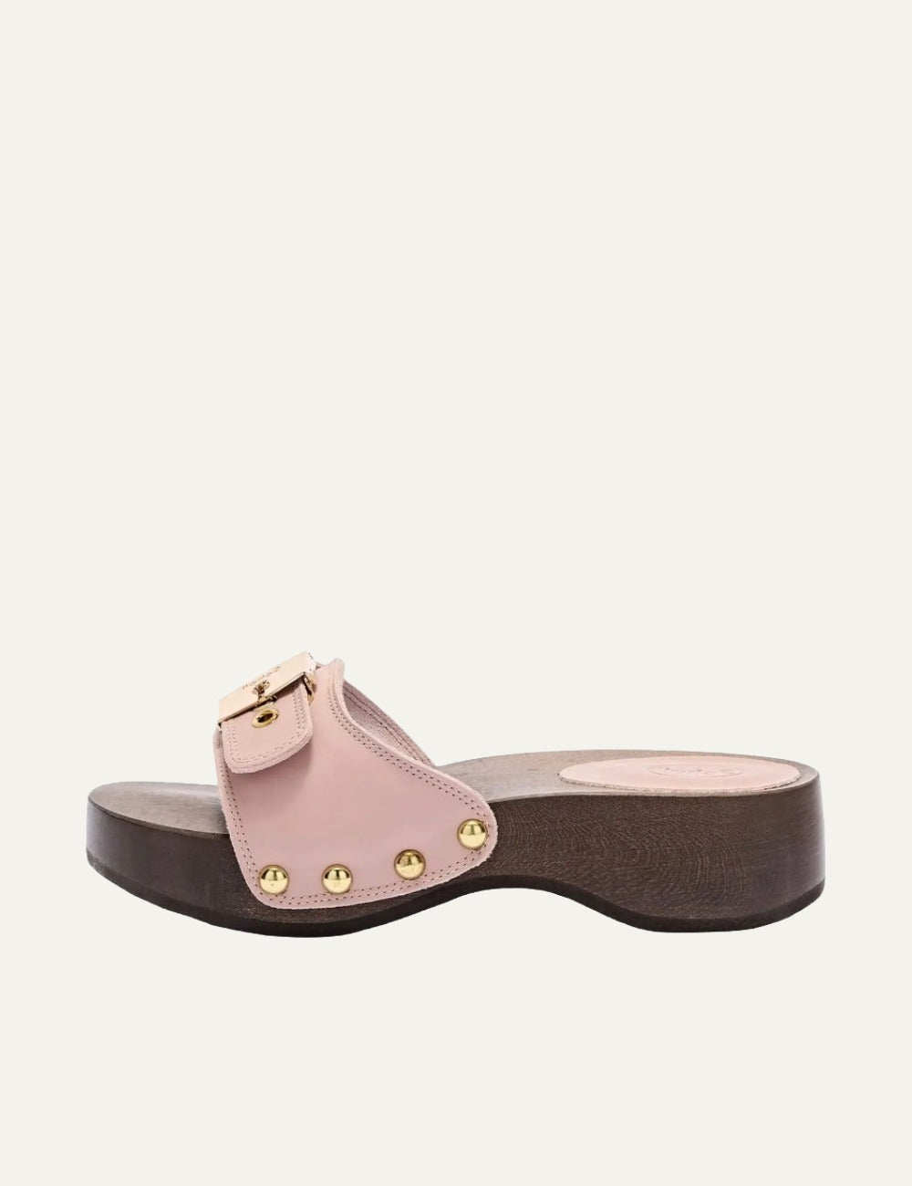Scholl Pescura Heel SR antique pink wooden sandal side view