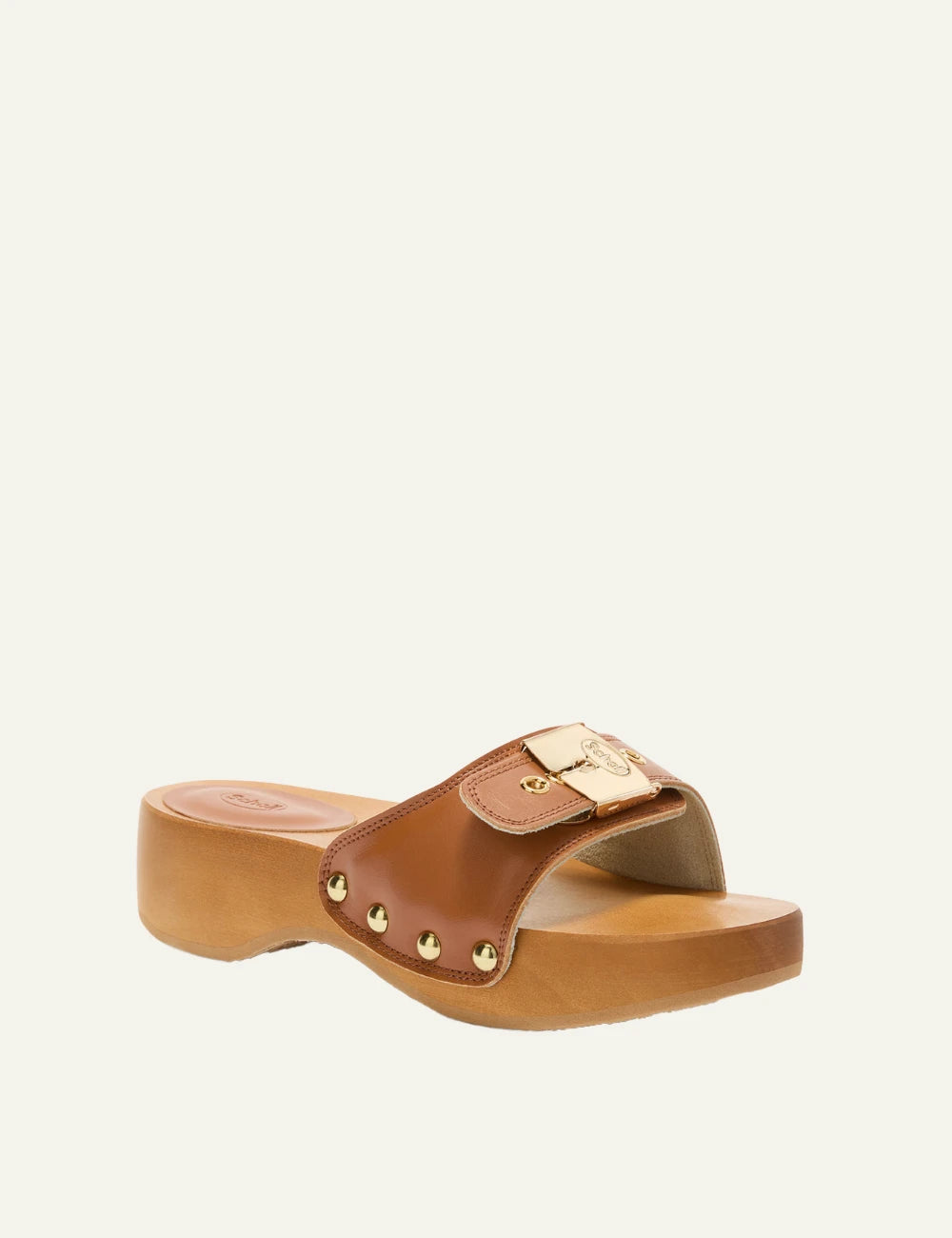 Scholl Pescura Heel SR cognac mule angled view