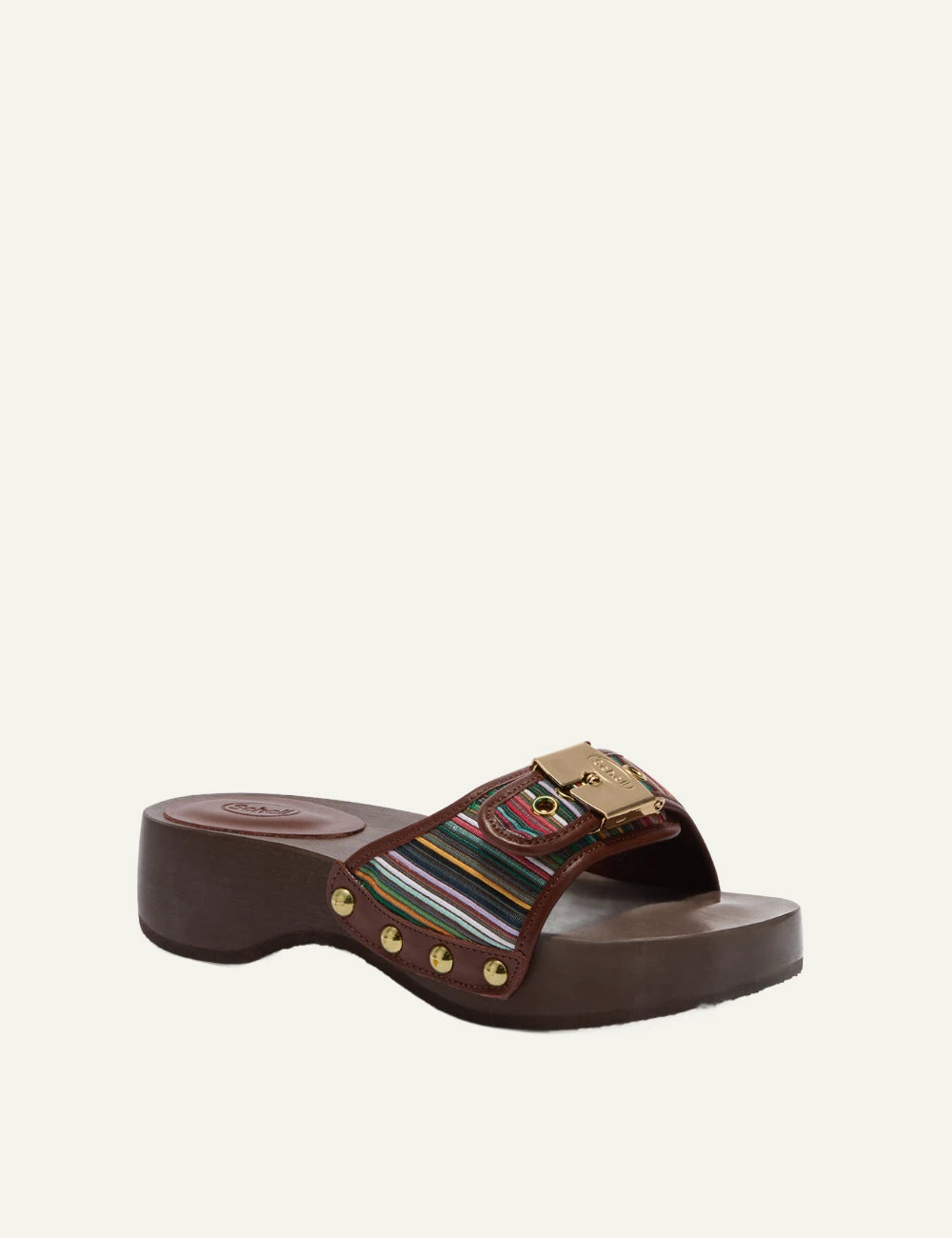 Scholl Pescura Heel SR striped multicolor mules angled view