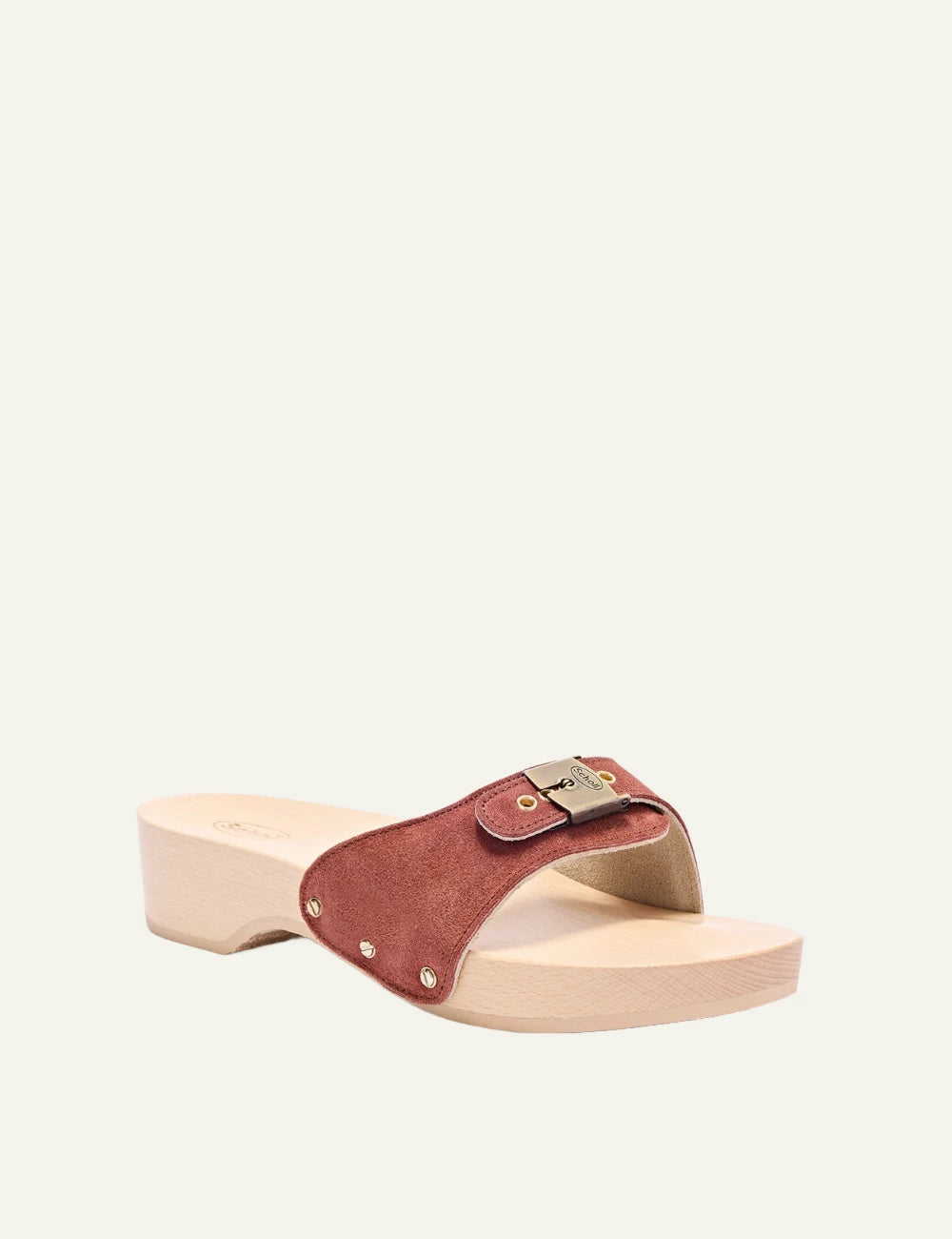 Scholl Pescura Heel suede brick red mules angled view