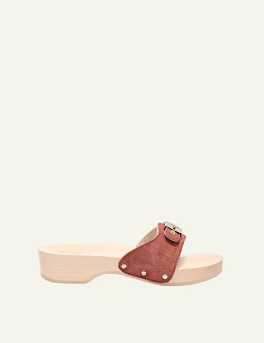 Scholl Pescura Heel suede brick red mules side view