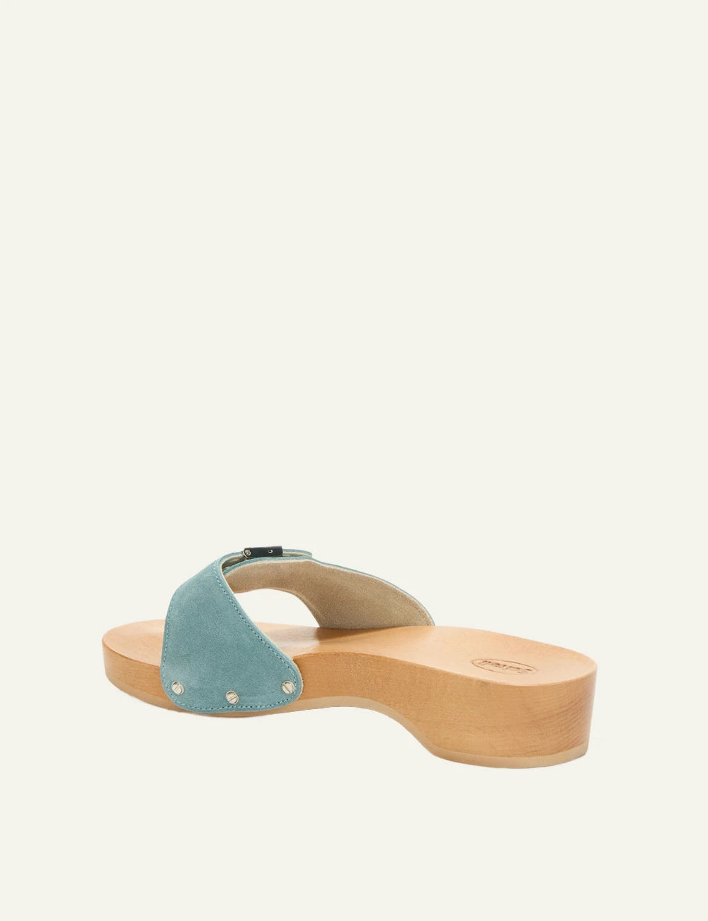 Scholl Pescura Heel suede denim blue mules back view