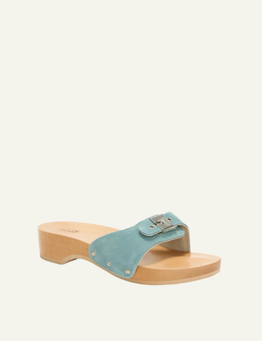 Scholl Pescura Heel suede denim blue mules angled view