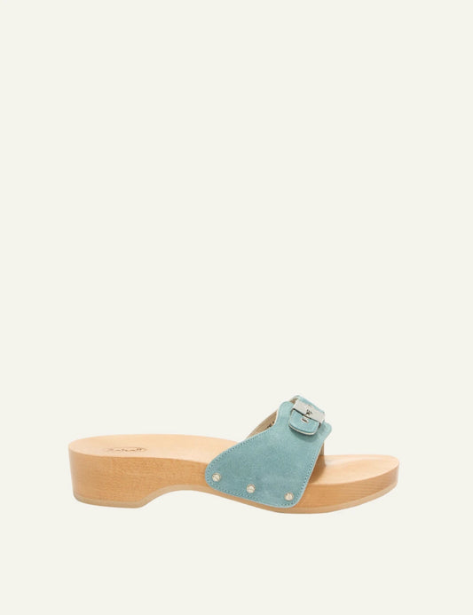 Scholl Pescura Heel suede denim blue mules side view