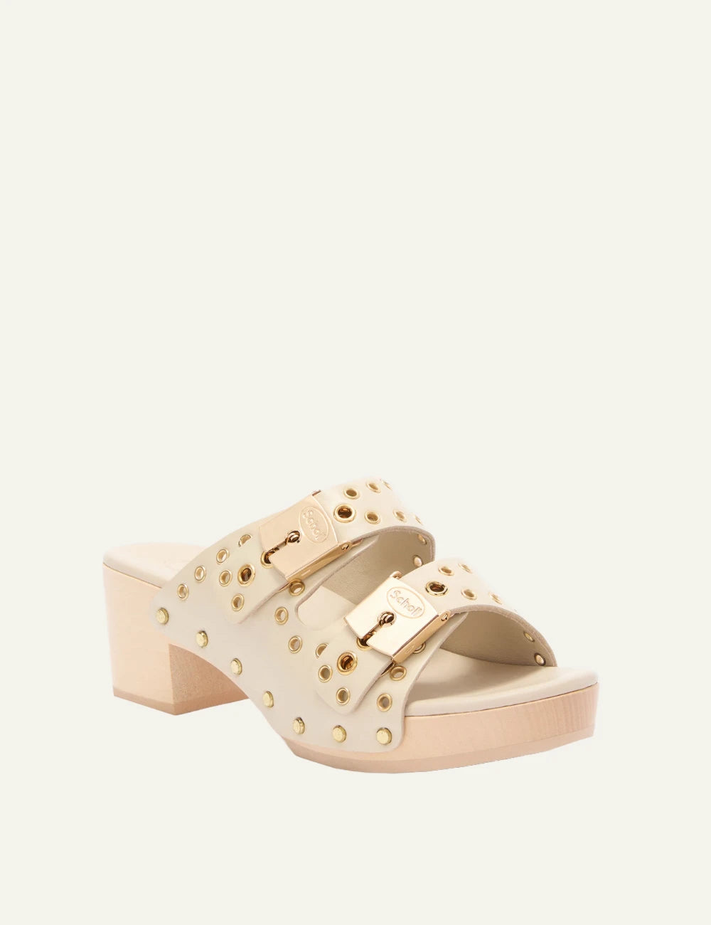 Scholl Pescura Ibiza double strap off white studded mules angled view