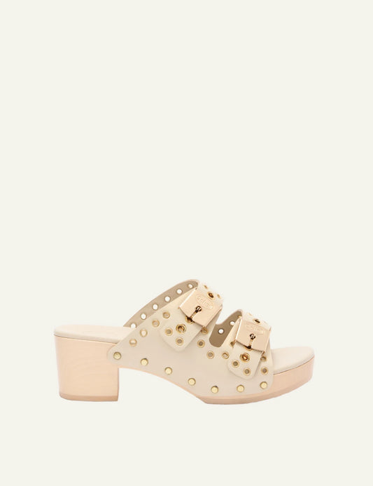Scholl Pescura Ibiza double strap off white studded mules side view