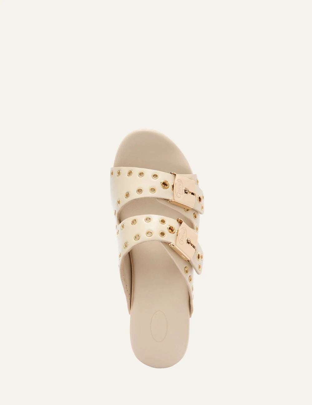 Scholl Pescura Ibiza double strap off white studded mules top view