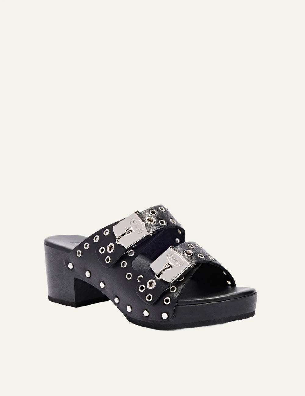 Scholl Pescura Ibiza double strap black studded mules angled view