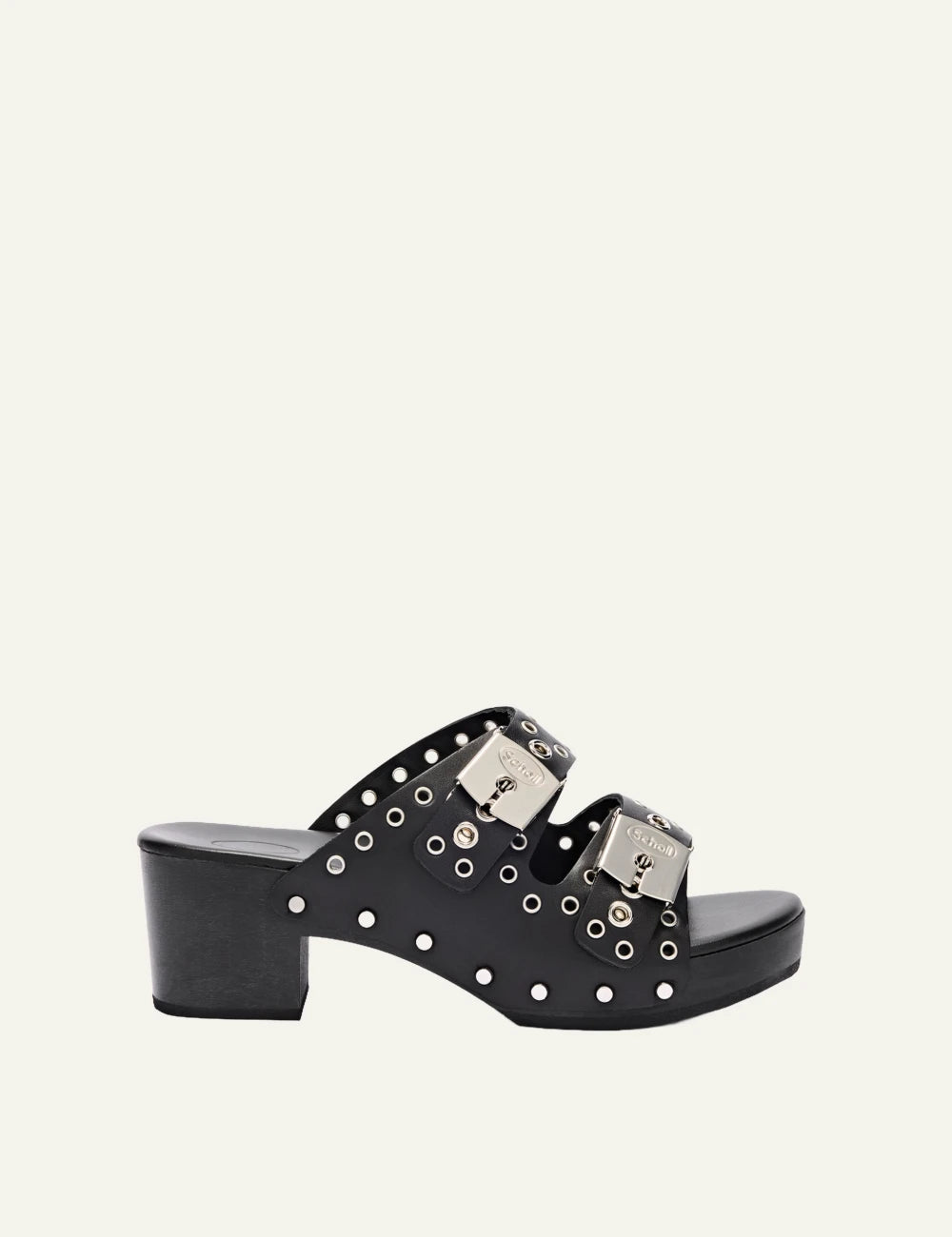 Scholl Pescura Ibiza double strap black studded mules side view