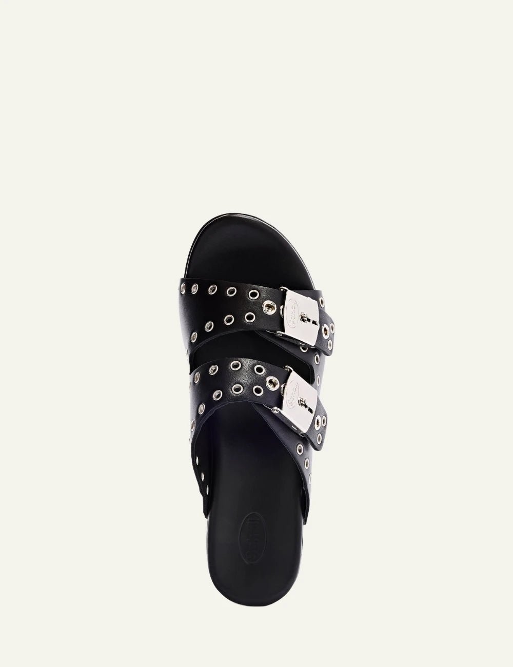 Scholl Pescura Ibiza double strap black studded mules top view