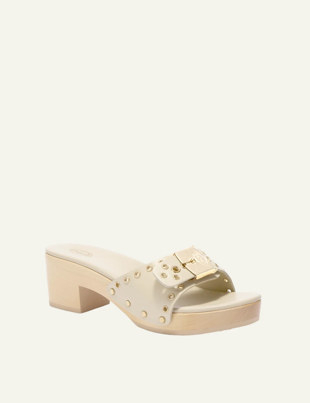 Scholl Pescura Ibiza ring off white leather mules angled view