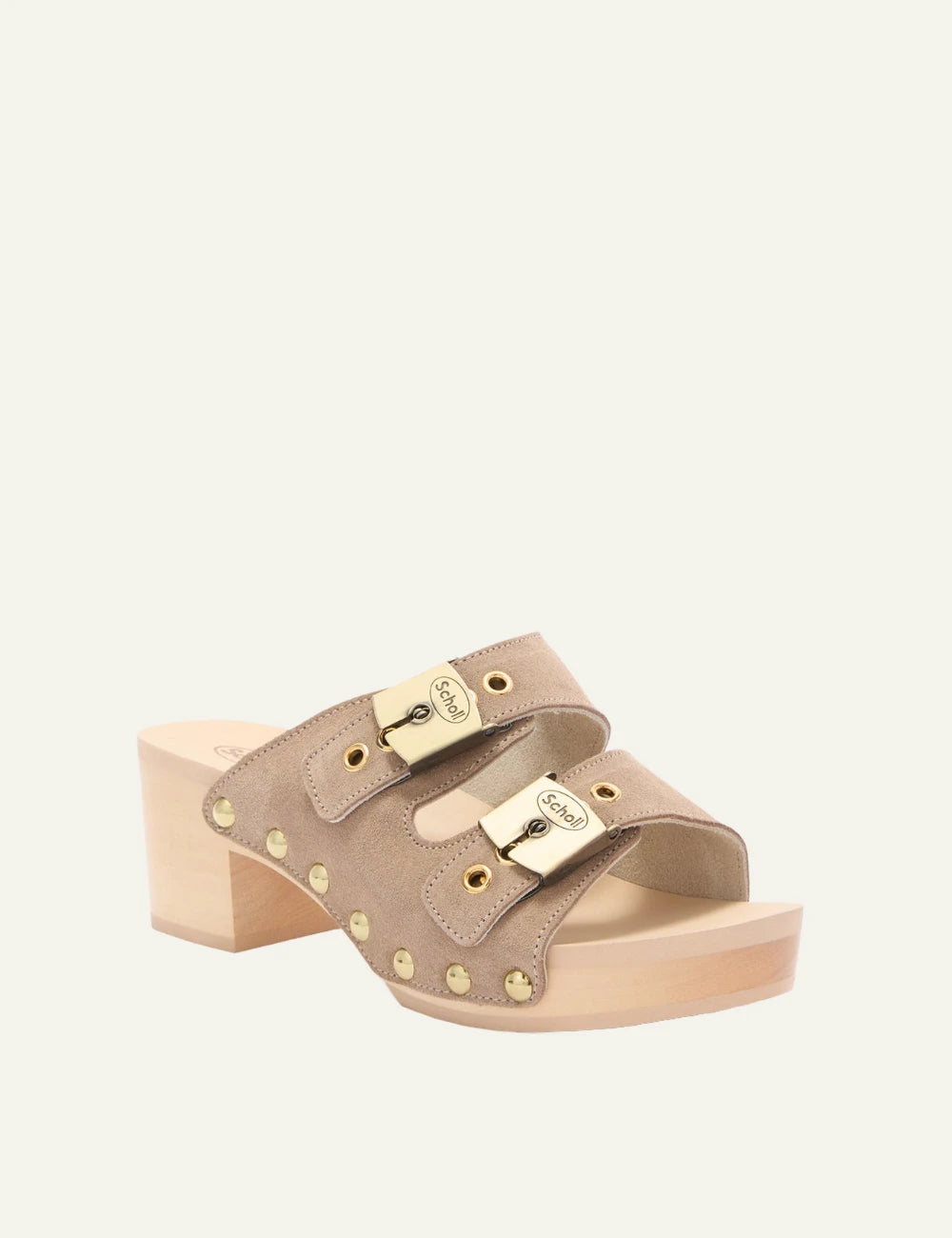 Scholl Pescura Ibiza suede double strap mules dark beige angled view