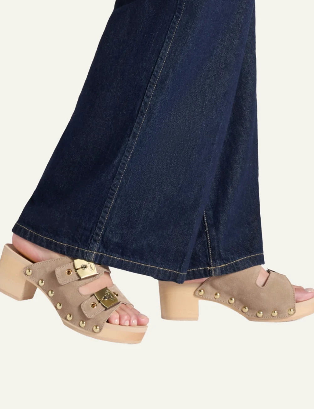 Scholl Pescura Ibiza suede double strap mules dark beige side model view