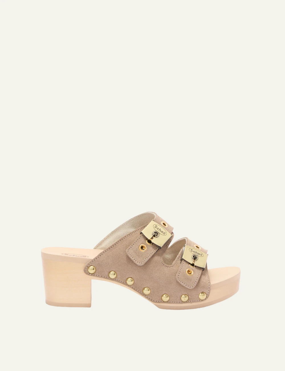Scholl Pescura Ibiza suede double strap mules dark beige side view
