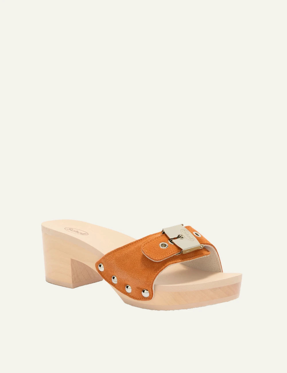 Scholl Pescura Ibiza clog orange suede angled view