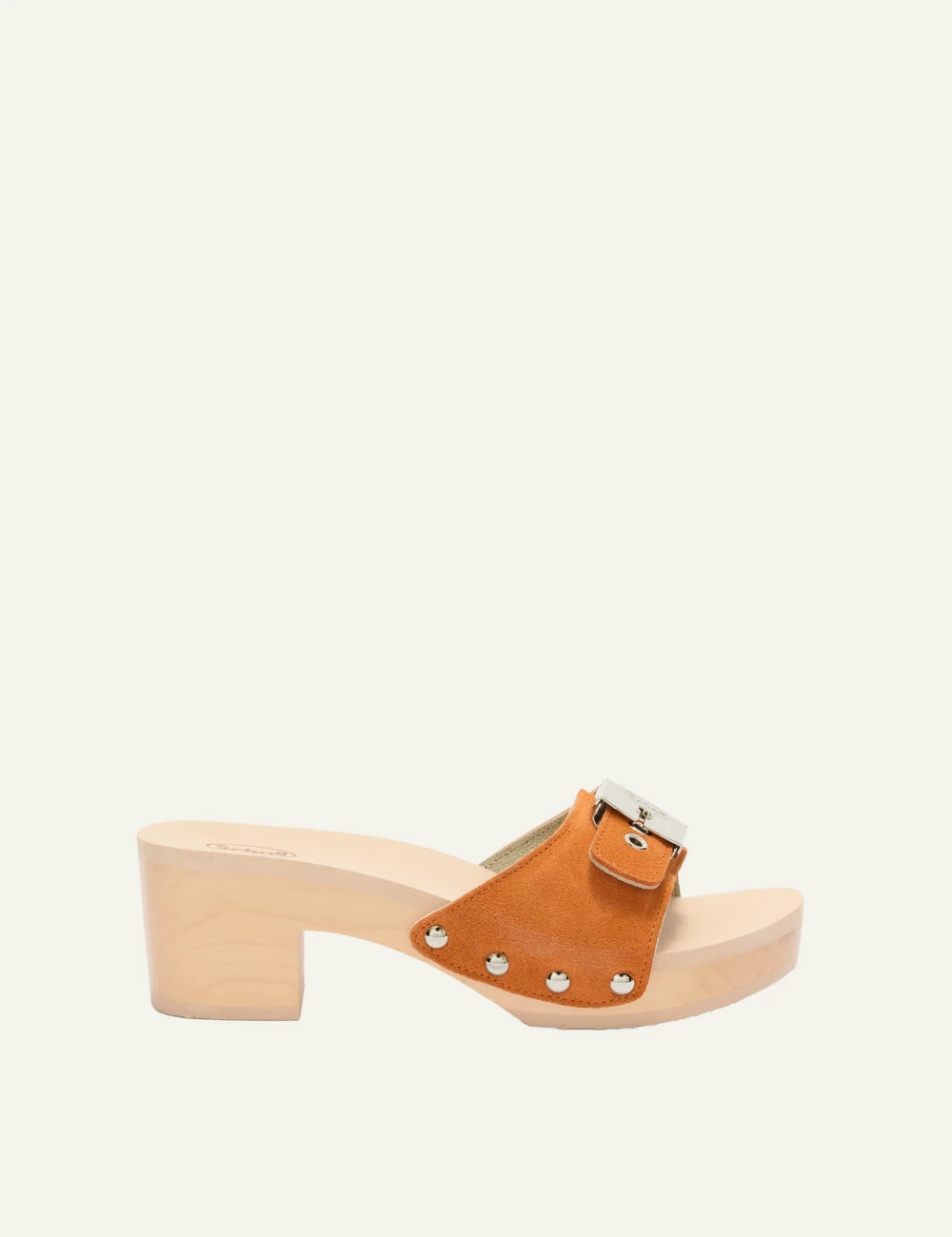 Scholl Pescura Ibiza clog orange suede side view