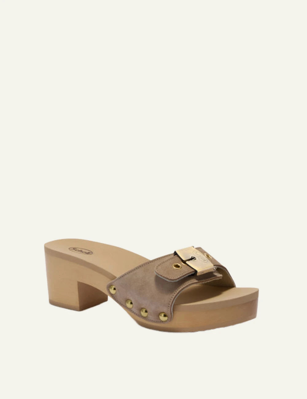 Scholl Pescura Ibiza mules suede dark beige angled view