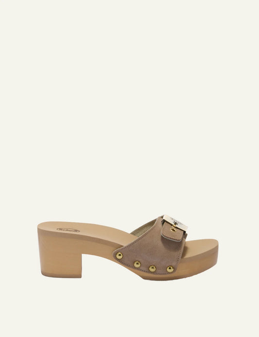 Scholl Pescura Ibiza mules suede dark beige side view