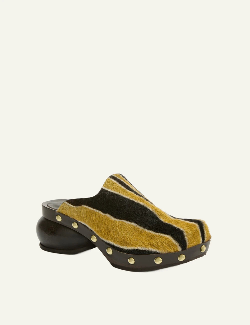 Scholl Pescura Jolene pony hair mule brown lime angled view