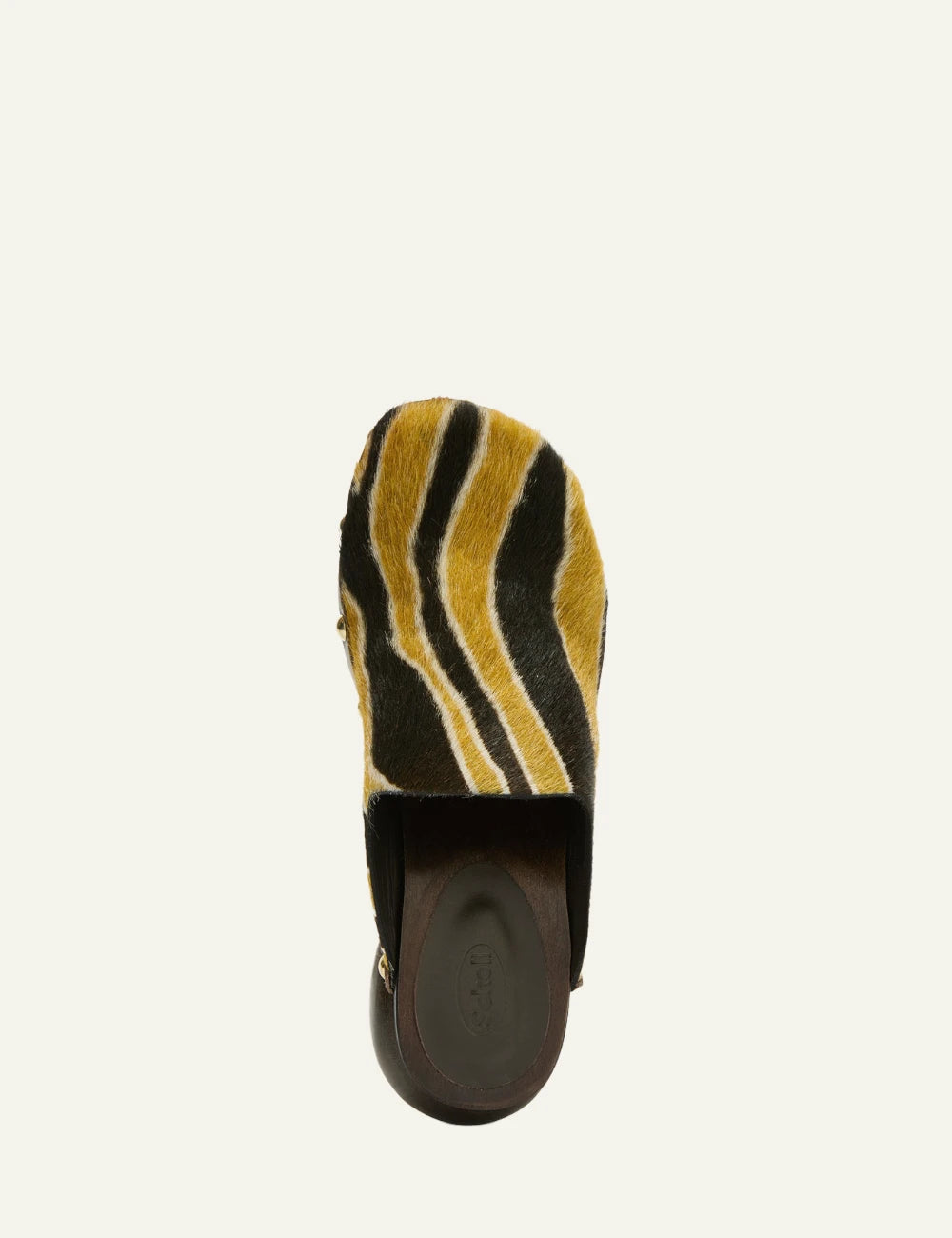 Scholl Pescura Jolene pony hair mule brown lime top view