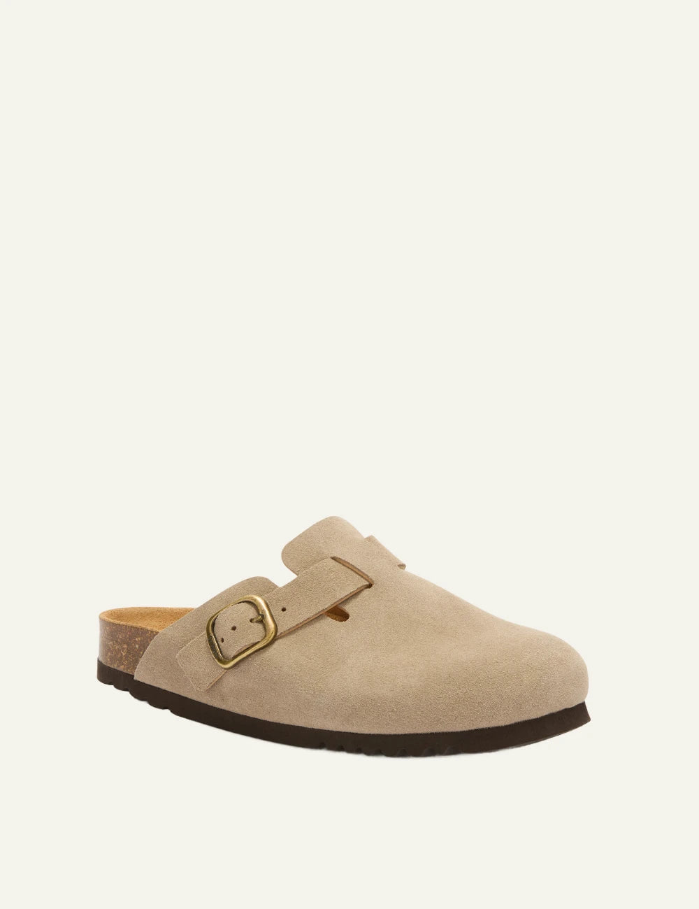 Scholl suede mule dark beige angled view