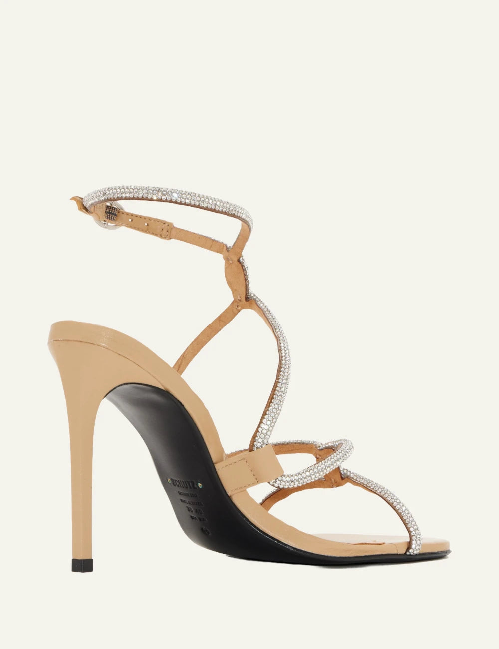 Schutz beige leather stiletto sandal with crystal embellished straps back view