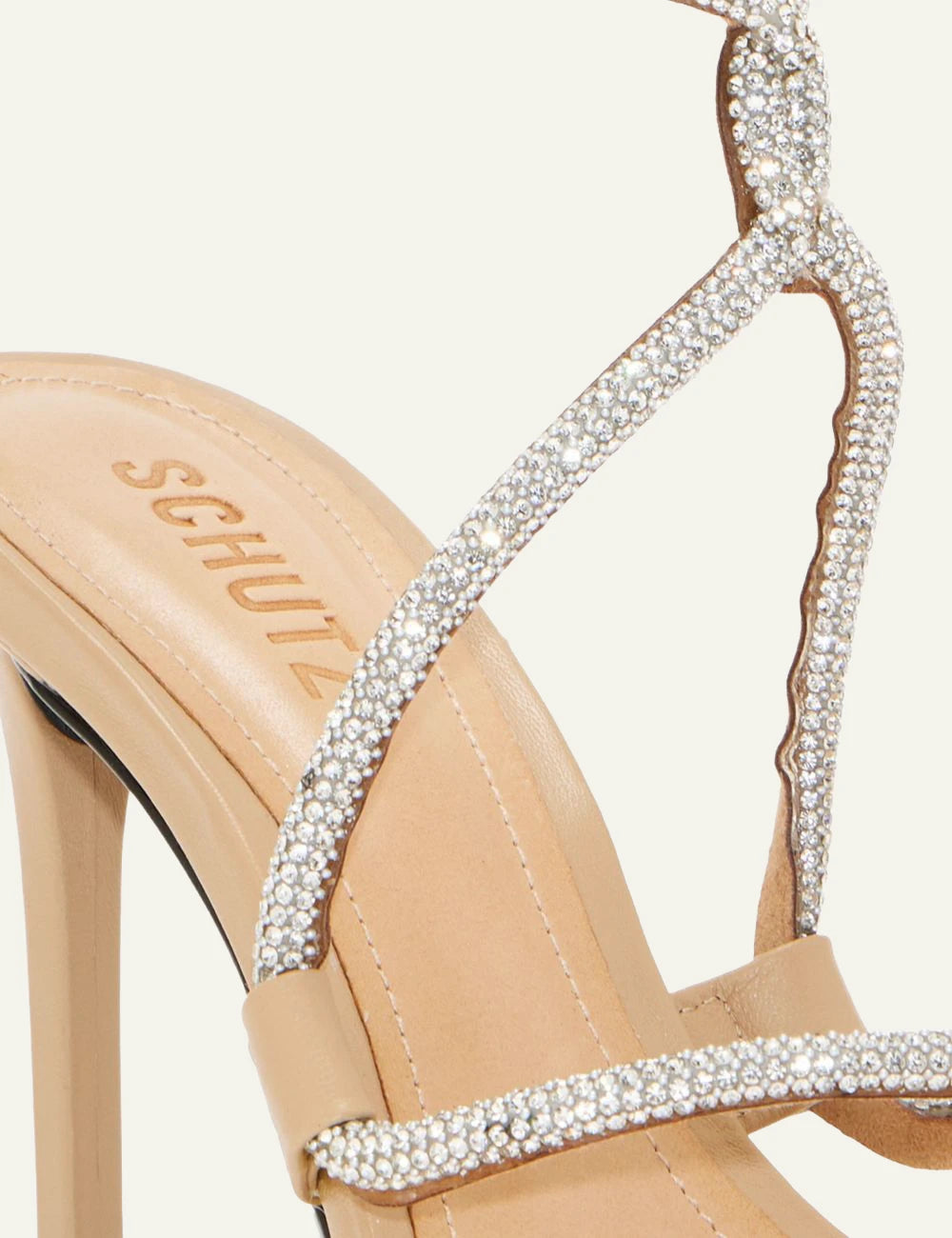 Schutz beige leather stiletto sandal with crystal embellished straps detail view