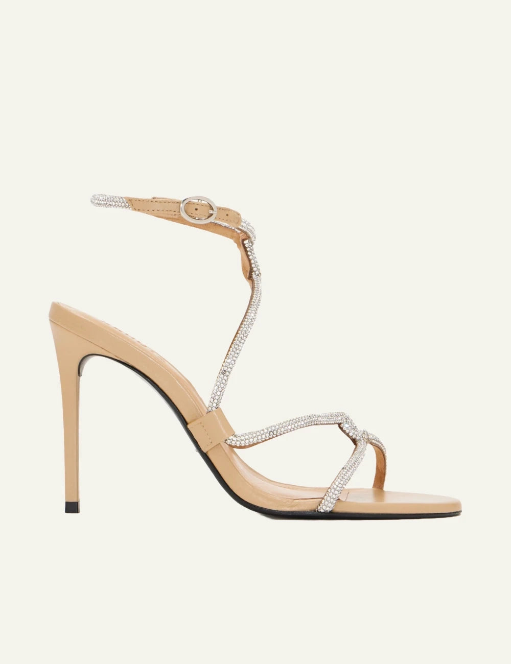 Schutz beige leather stiletto sandal with crystal embellished straps side view
