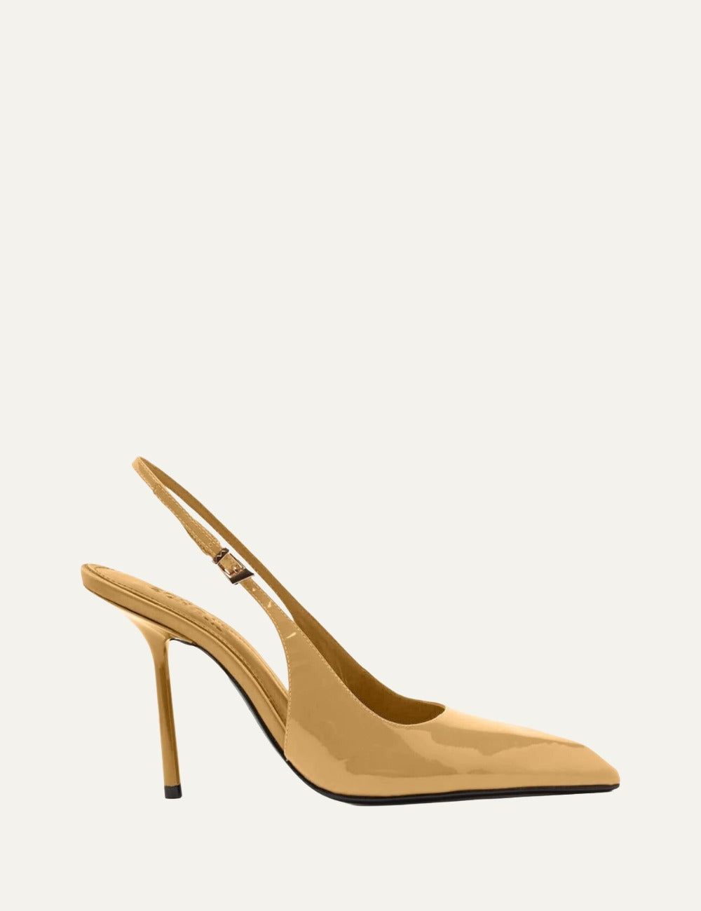 Schutz beige patent leather slingback pump with stiletto heel side view
