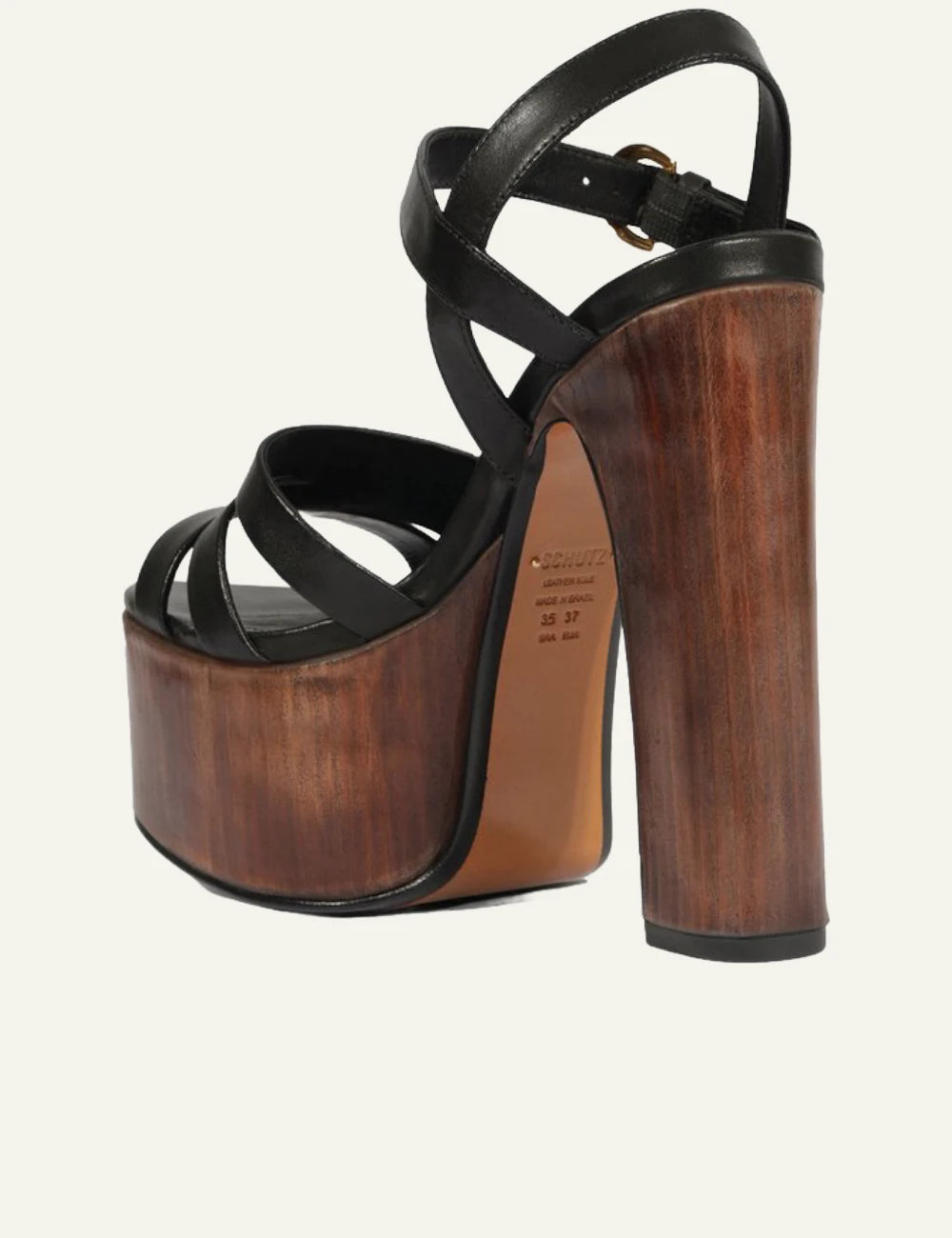 Schutz black leather platform sandal with wooden heel and ankle strap top view