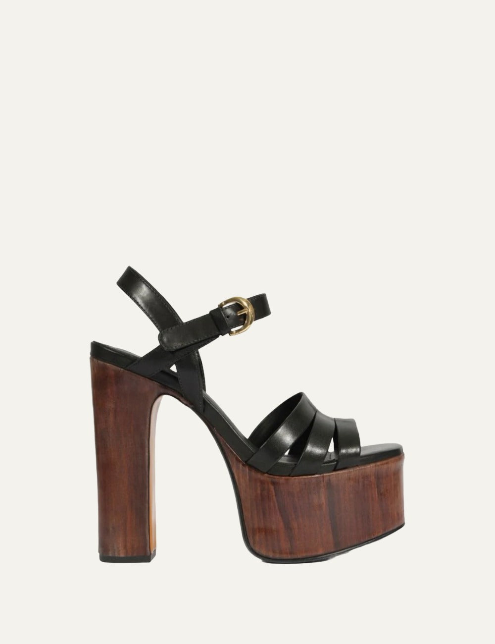 Schutz black leather platform sandal with wooden heel and ankle strap side view