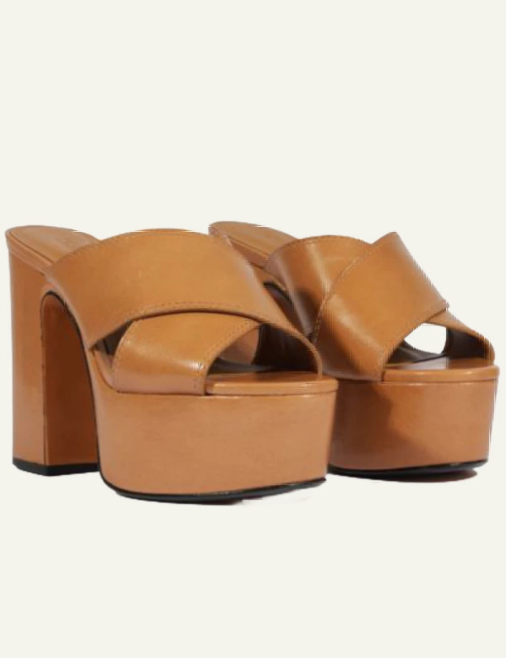 Schutz brown leather platform mule sandal with block heel angled view
