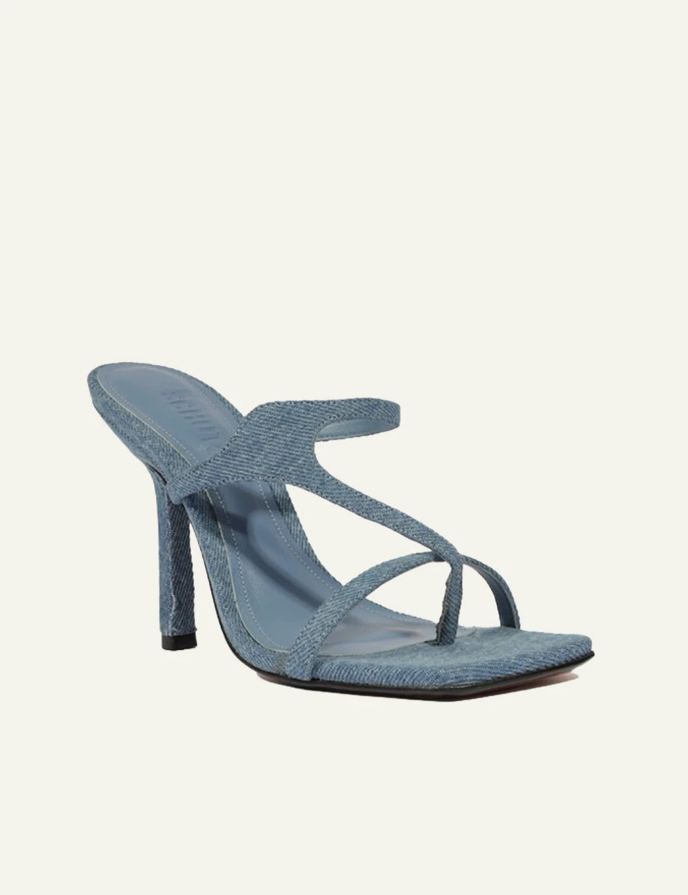 Schutz denim patchwork mule sandal blue with thin heel front angled view