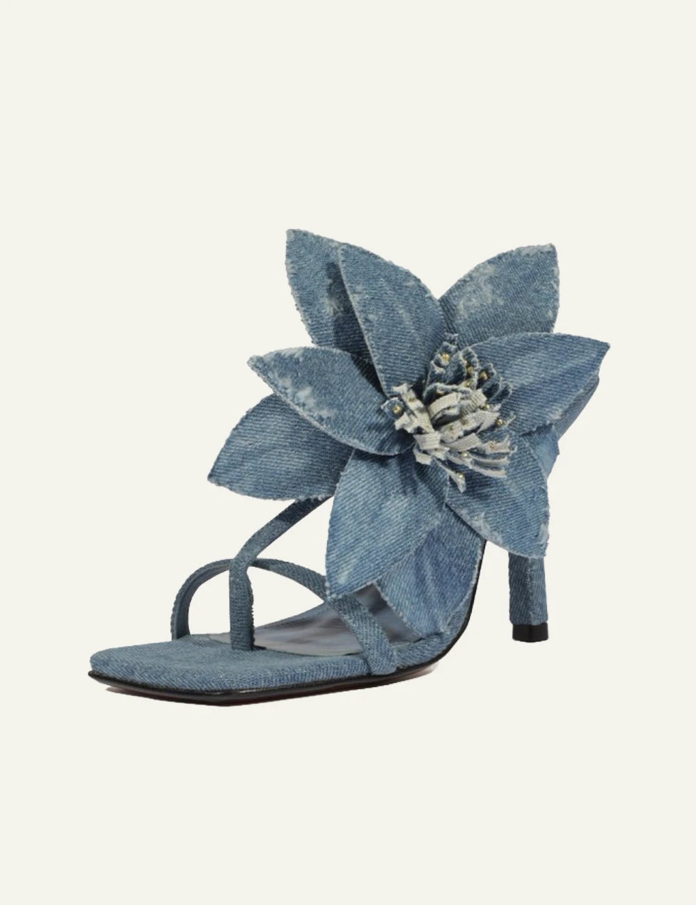 Schutz denim patchwork mule sandal blue with thin heel front profile view