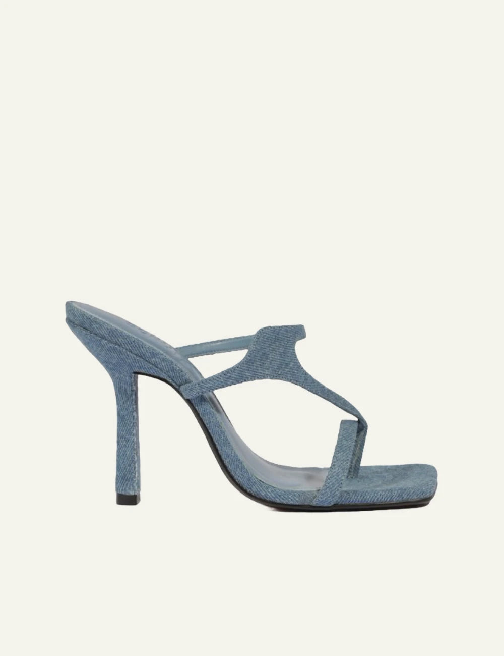 Schutz denim patchwork mule sandal blue with thin heel front side view