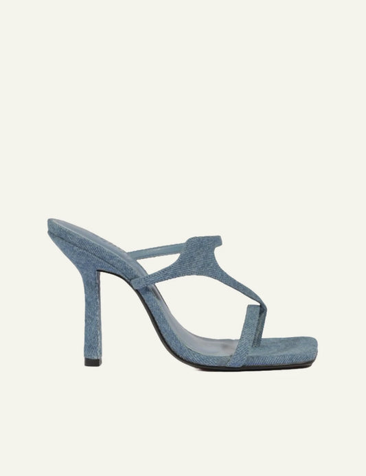 Schutz denim patchwork mule sandal blue with thin heel front side view