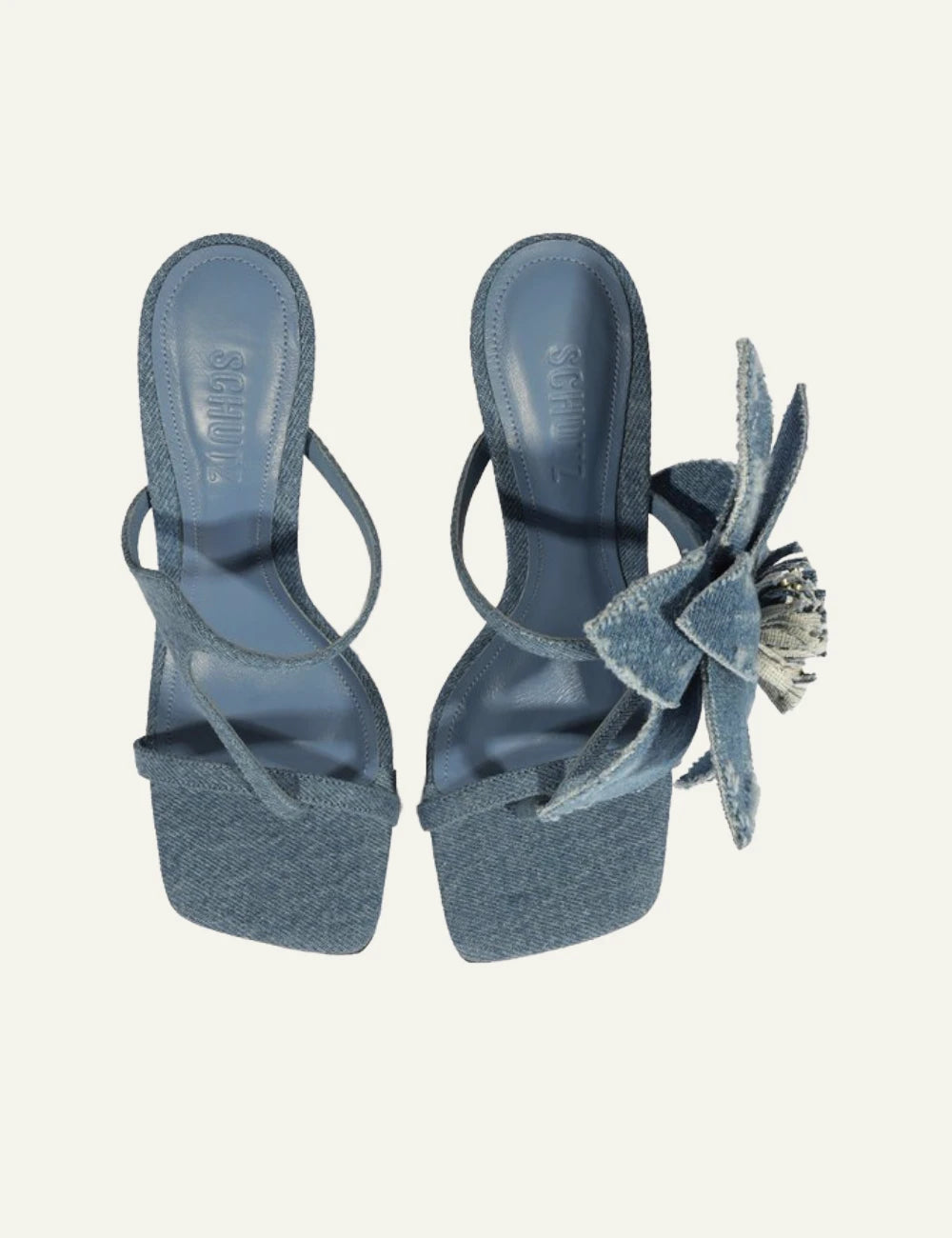 Schutz denim patchwork mule sandal blue with thin heel front top view