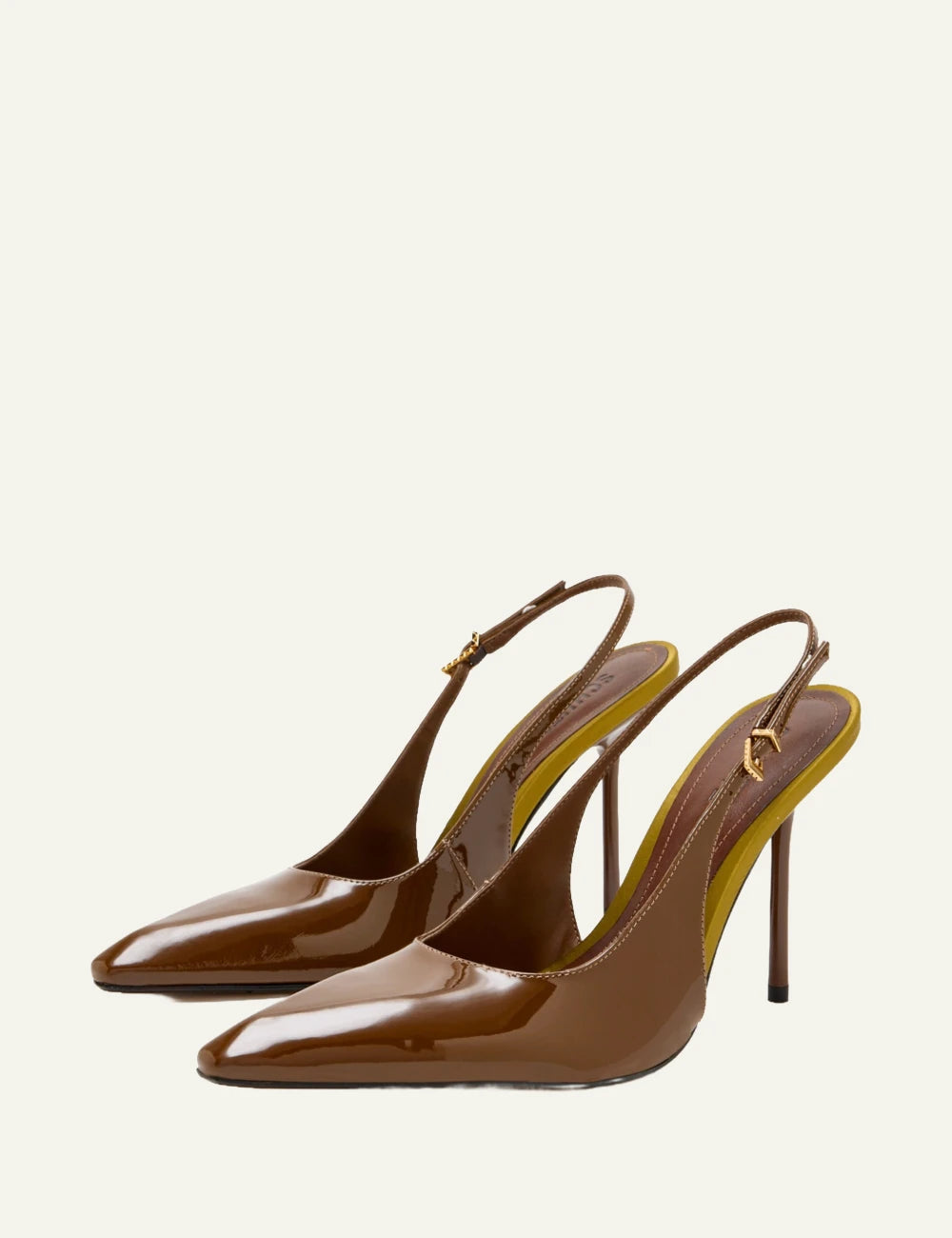 Schutz Leona pecan brown patent leather slingback pump with gold buckle profile view